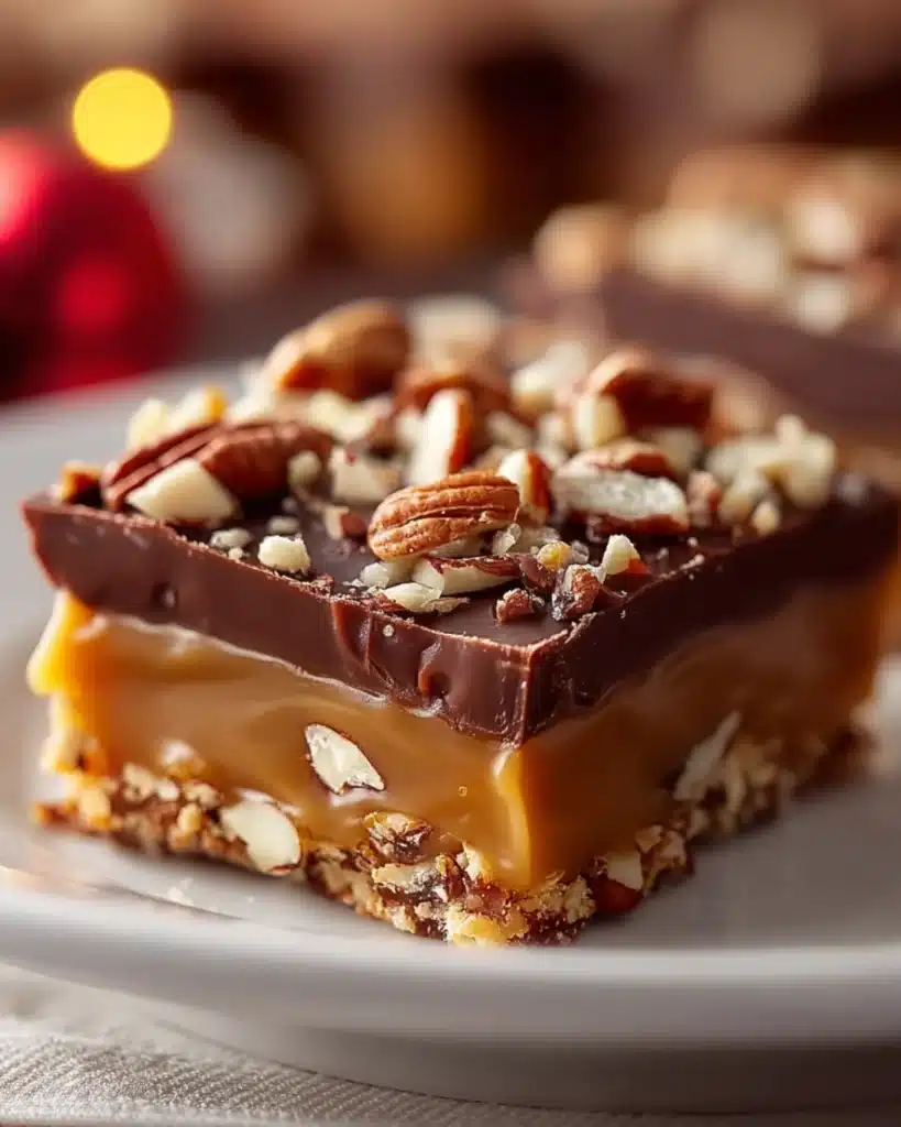 Close-up of Classic Christmas Toffee bar with chocolate and caramel layers topped with pecans