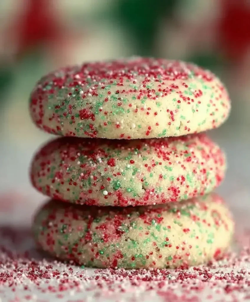 Close-up of Soft Christmas Sprinkle Cookies with colorful sugar sprinkles on white surface