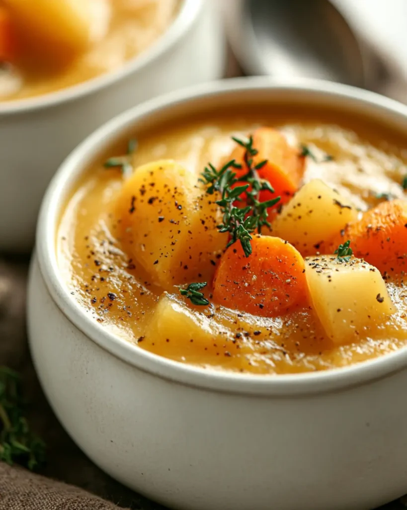 Bowl of roasted root vegetable soup with thyme garnish and cracked black pepper