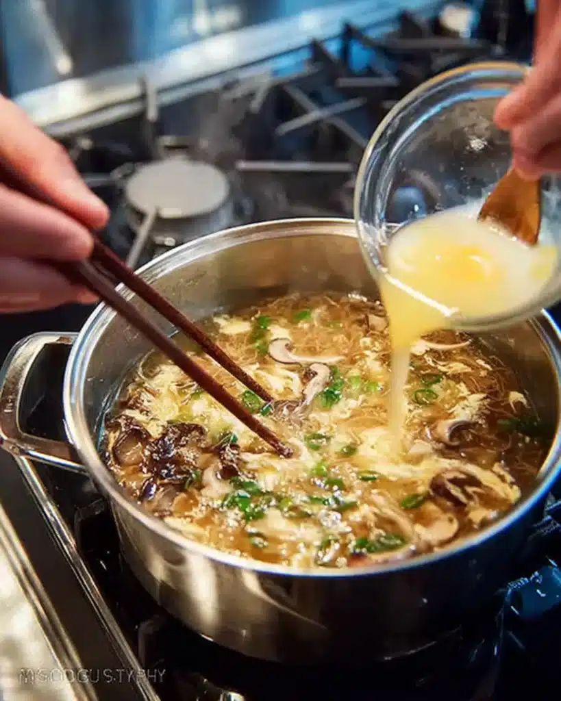 Pouring beaten eggs into a pot of simmering egg drop soup with mushrooms and green onions