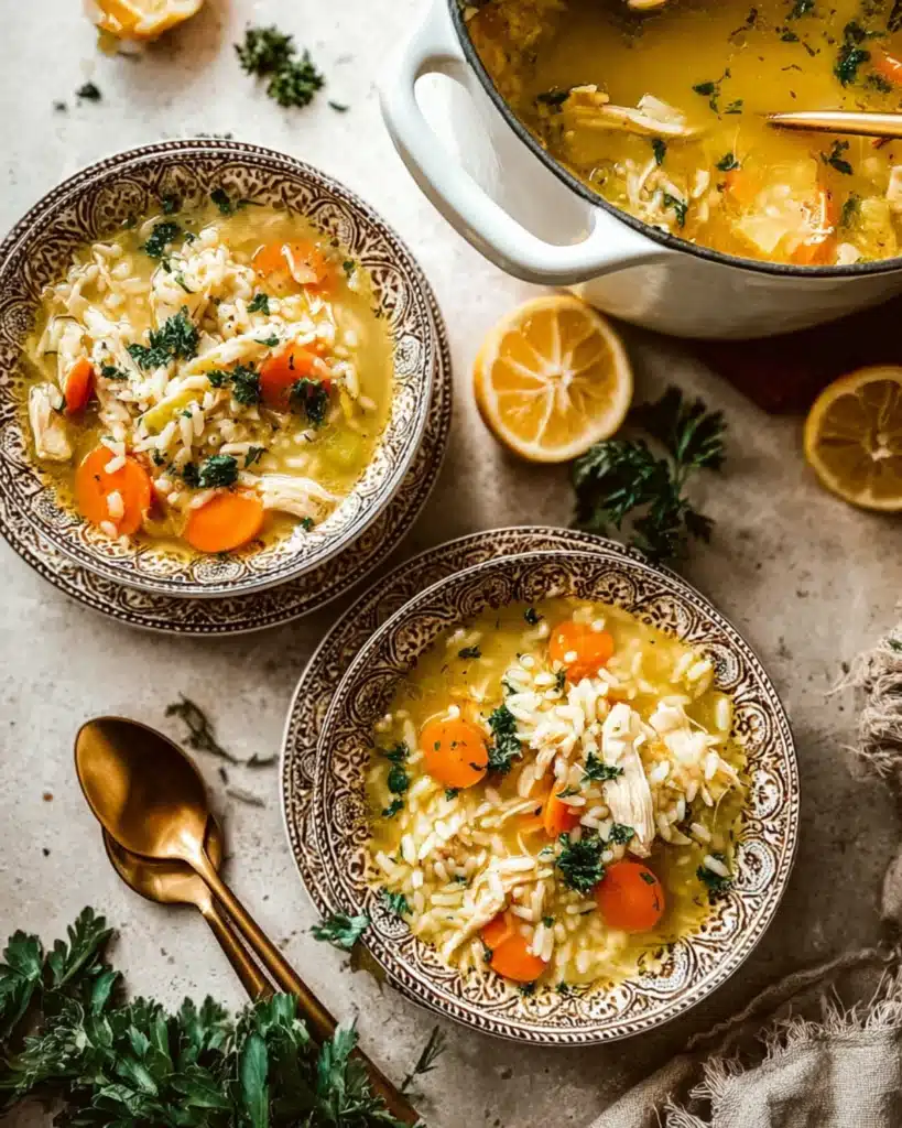 Two bowls of chicken and rice soup served with lemon slices and herbs on a rustic table