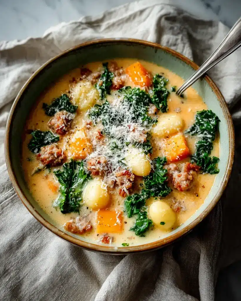Bowl of butternut squash gnocchi soup with kale and cheese, styled on a rustic linen cloth.