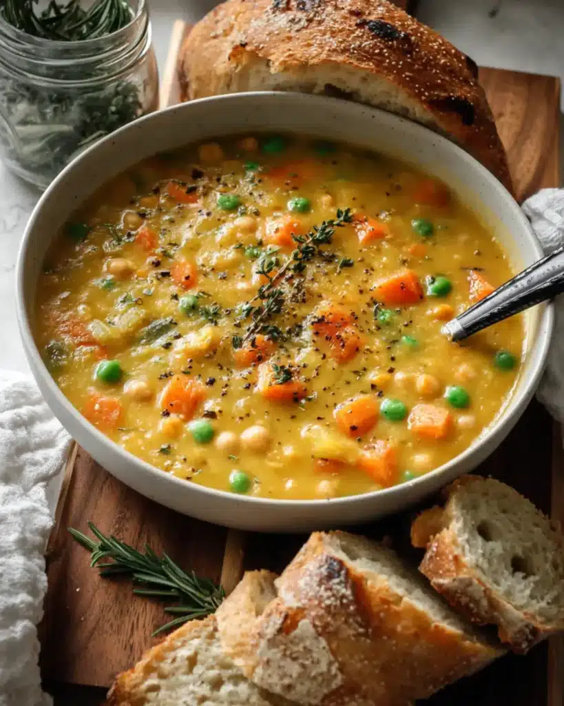 Bowl of one-pot creamy vegetable soup with chickpeas, carrots, and peas, served with crusty bread and rosemary.