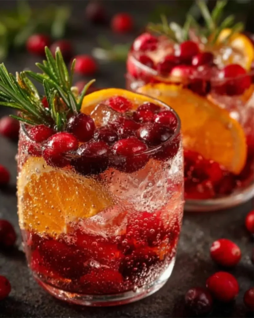 Thanksgiving mocktail with fresh cranberries, orange slice, and rosemary sprig served in a sparkling festive drink glass