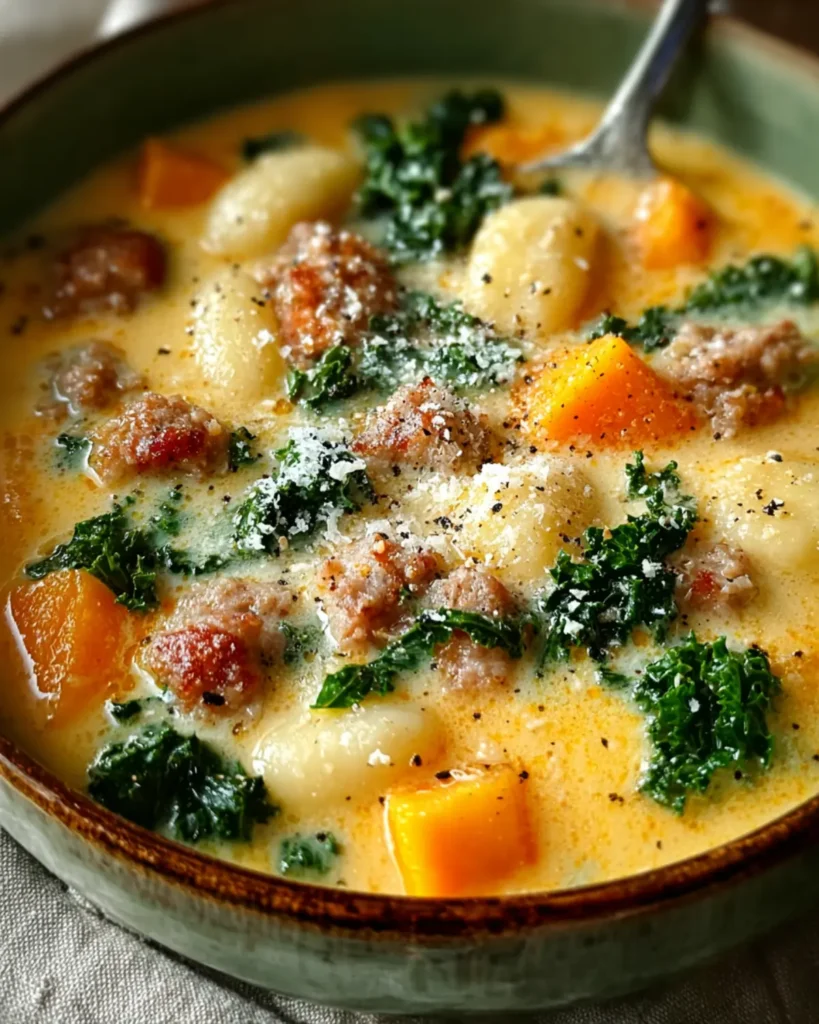 Close-up of creamy butternut squash gnocchi soup with tender gnocchi, kale, and sausage substitute in a golden broth.