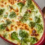 Close-up of bubbling golden cheese topping with tender broccoli