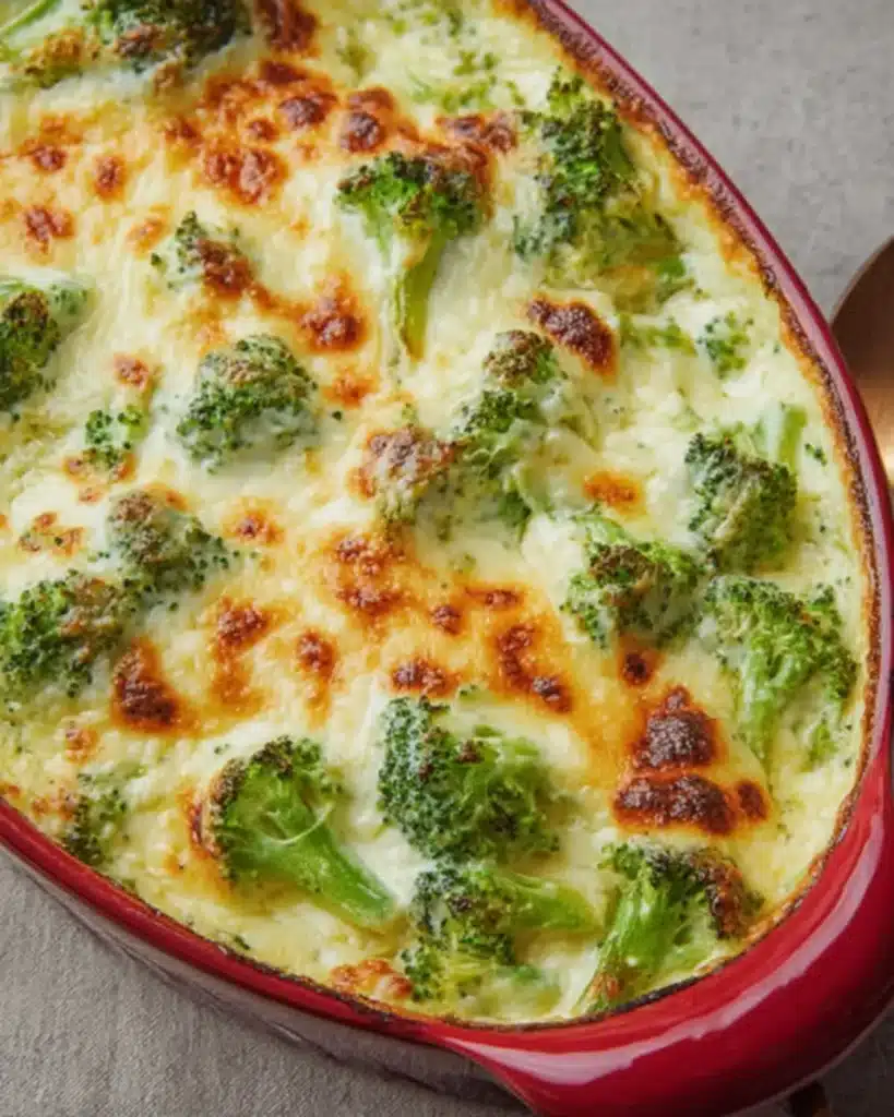 Close-up of bubbling golden cheese topping with tender broccoli
