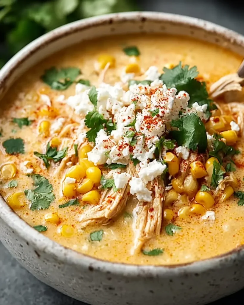 Mexican corn soup with shredded chicken, queso fresco, and cilantro in a rustic bowl.