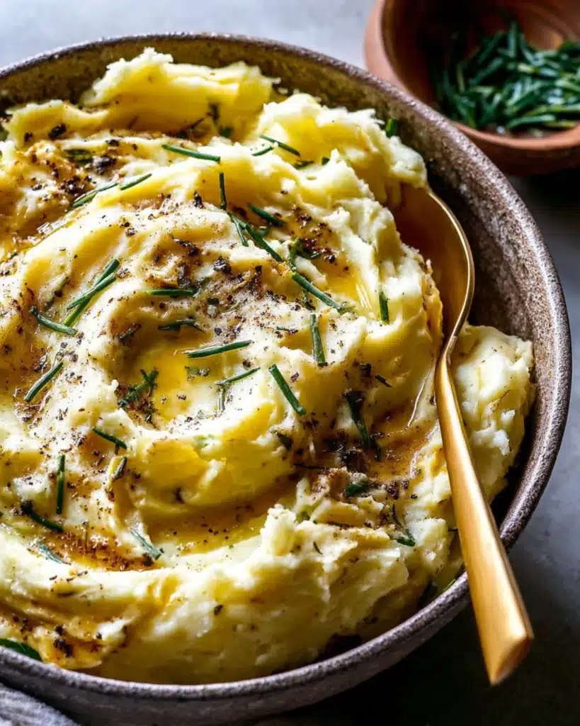 Close-up of creamy mascarpone mashed potatoes with roasted garlic, topped with chives and served with a golden spoon
