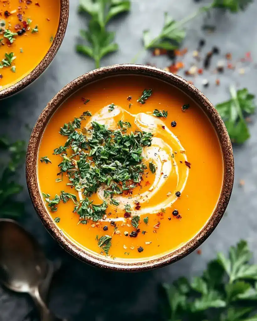Close-up of creamy butternut squash and sweet potato soup with parsley and coconut cream swirl