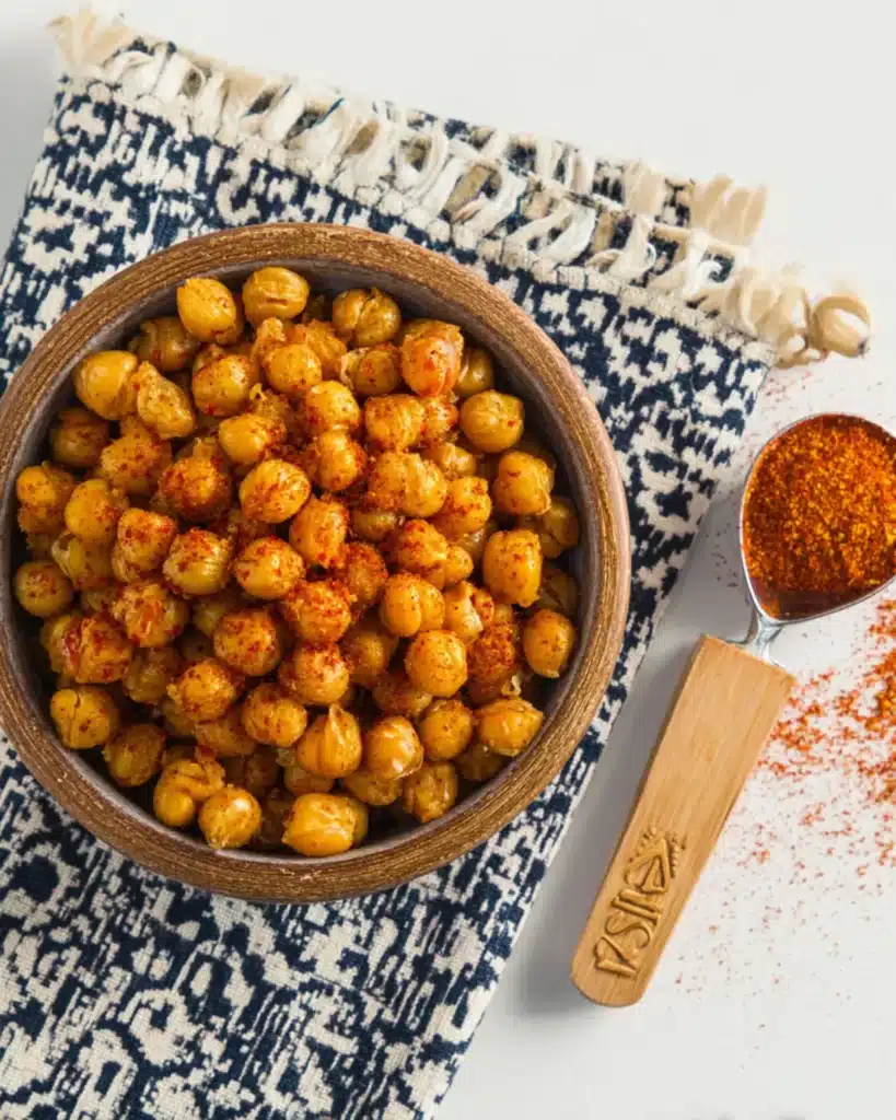 Top view of spicy roasted chickpeas in a brown bowl on a patterned cloth with a wooden spoon filled with seasoning