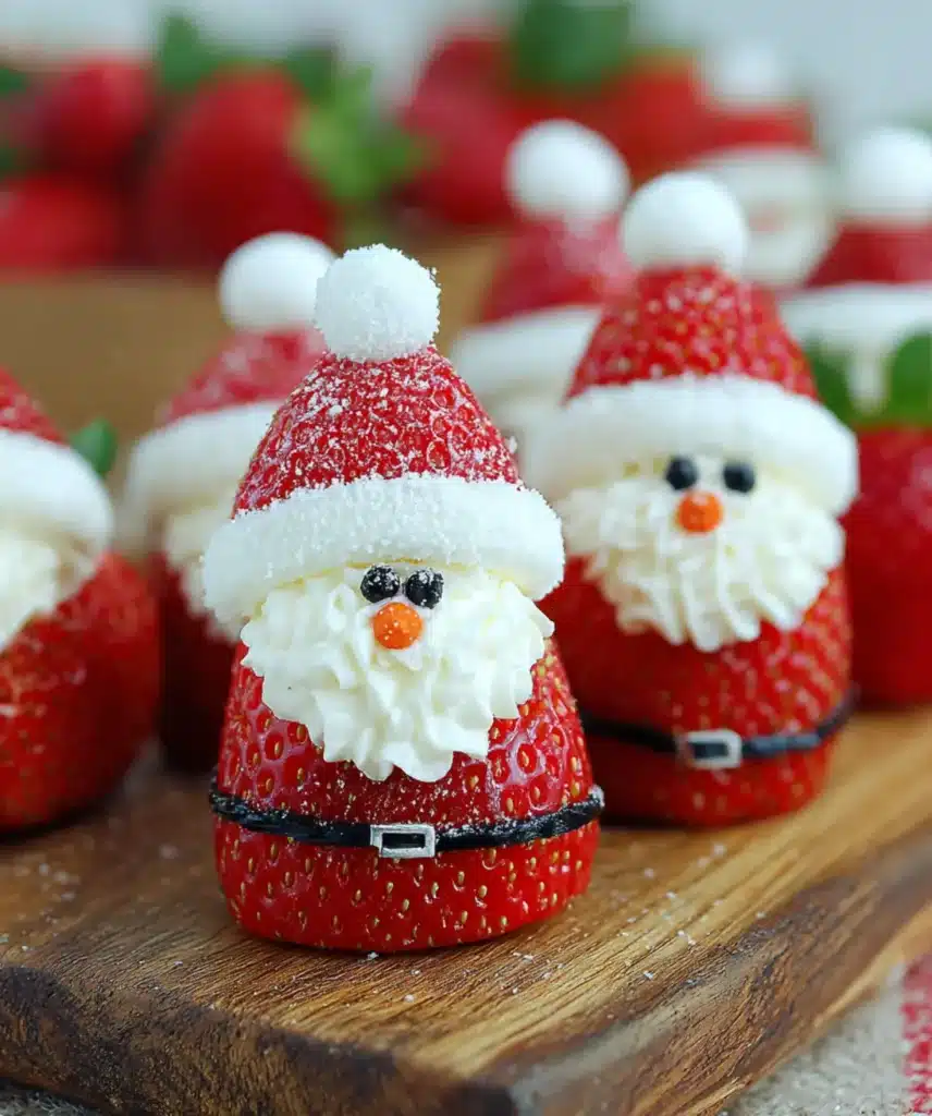 Fresh strawberries decorated as Santa Claus with cream filling and edible belts, displayed on a wooden board.