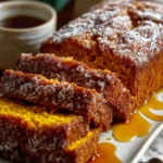 Freshly sliced cinnamon sugar pumpkin bread on a white plate with syrup and coffee in the background