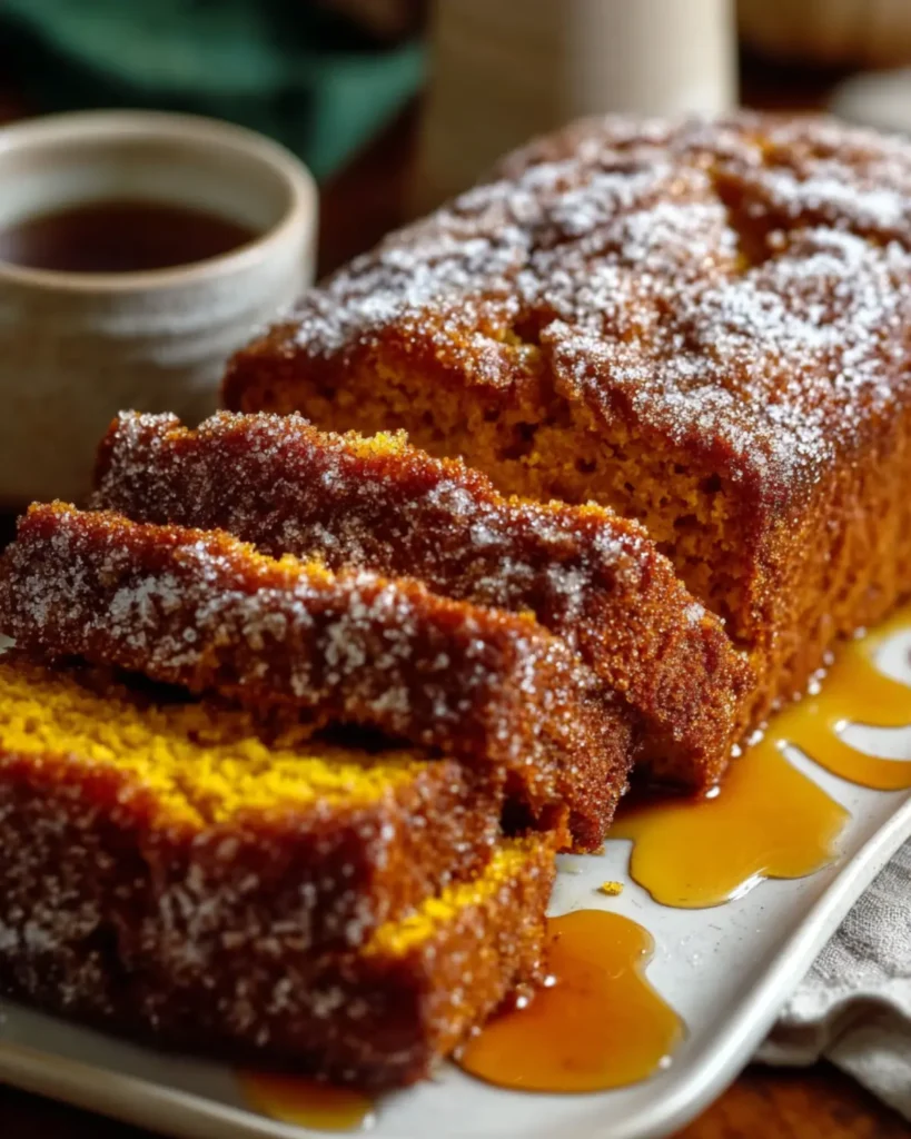 Freshly sliced cinnamon sugar pumpkin bread on a white plate with syrup and coffee in the background