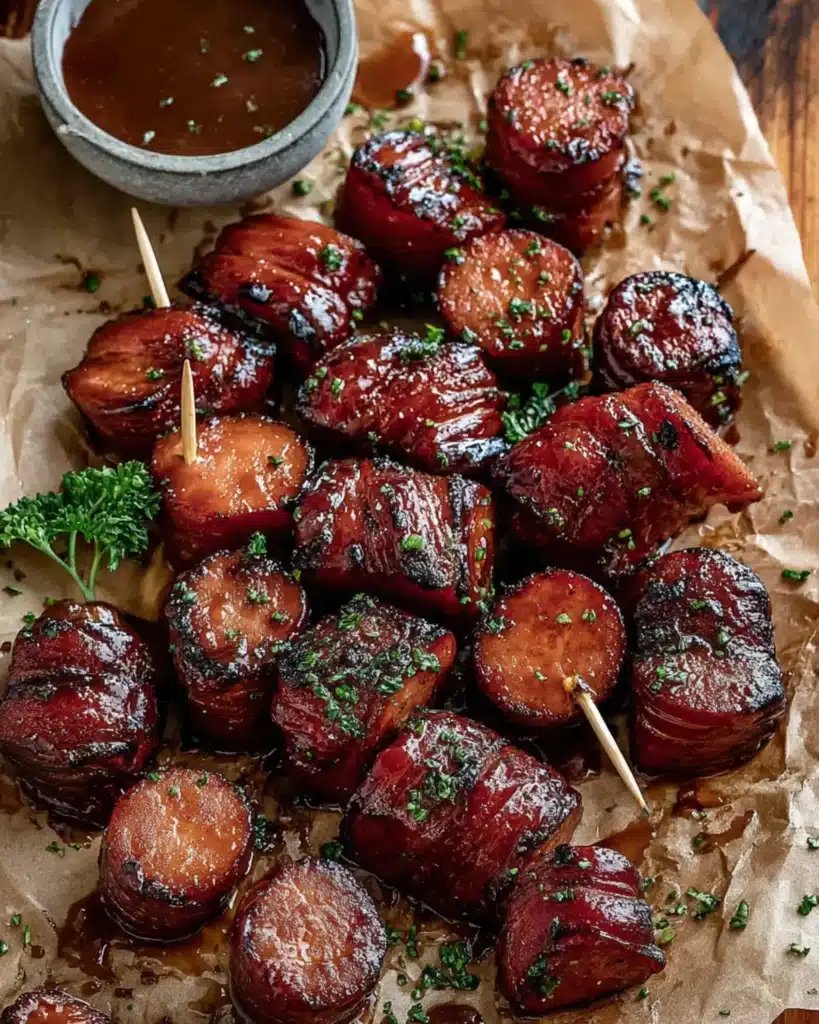 Caramelized Maple BBQ Hasselback Kielbasa Bites topped with parsley, arranged on parchment paper beside a bowl of barbecue sauce.