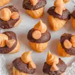 No-bake acorn cookies topped with chocolate and peanut butter chips arranged on a white plate.