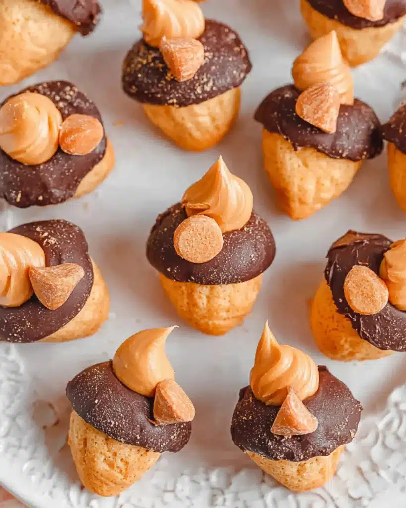 No-bake acorn cookies topped with chocolate and peanut butter chips arranged on a white plate.