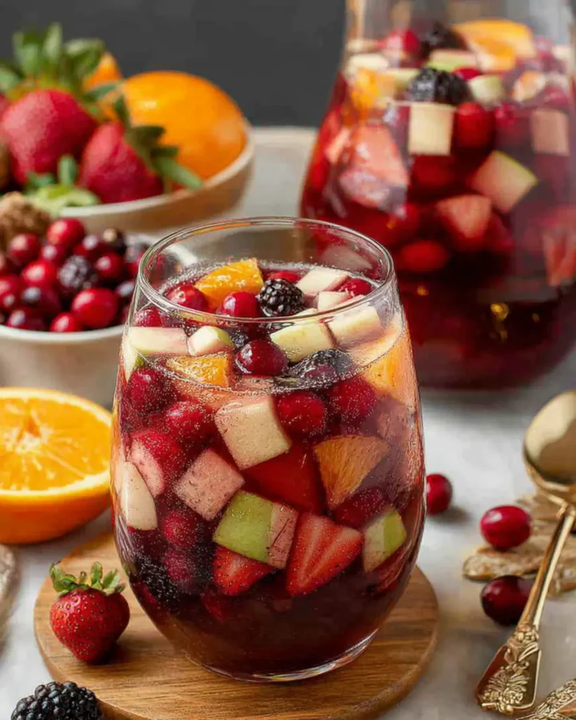Holiday sangria with strawberries, apples, cranberries, and citrus served in a large glass with a pitcher in the background