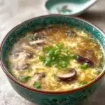 Side view of egg drop soup with mushrooms and green onions in a traditional green Chinese bowl