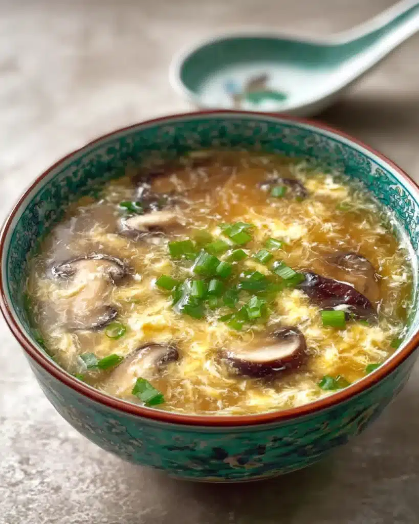 Side view of egg drop soup with mushrooms and green onions in a traditional green Chinese bowl