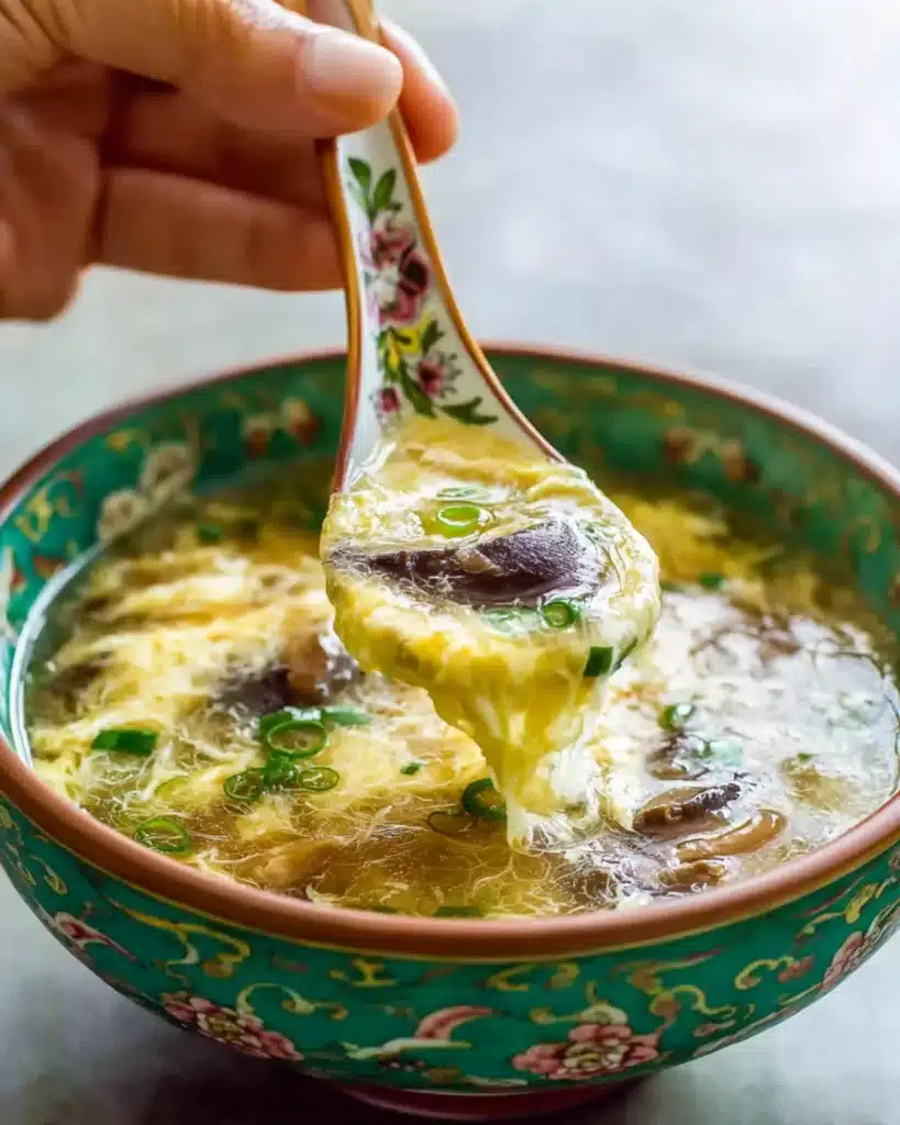 Close-up of a hand holding a porcelain spoon filled with egg drop soup, mushrooms, and green onions