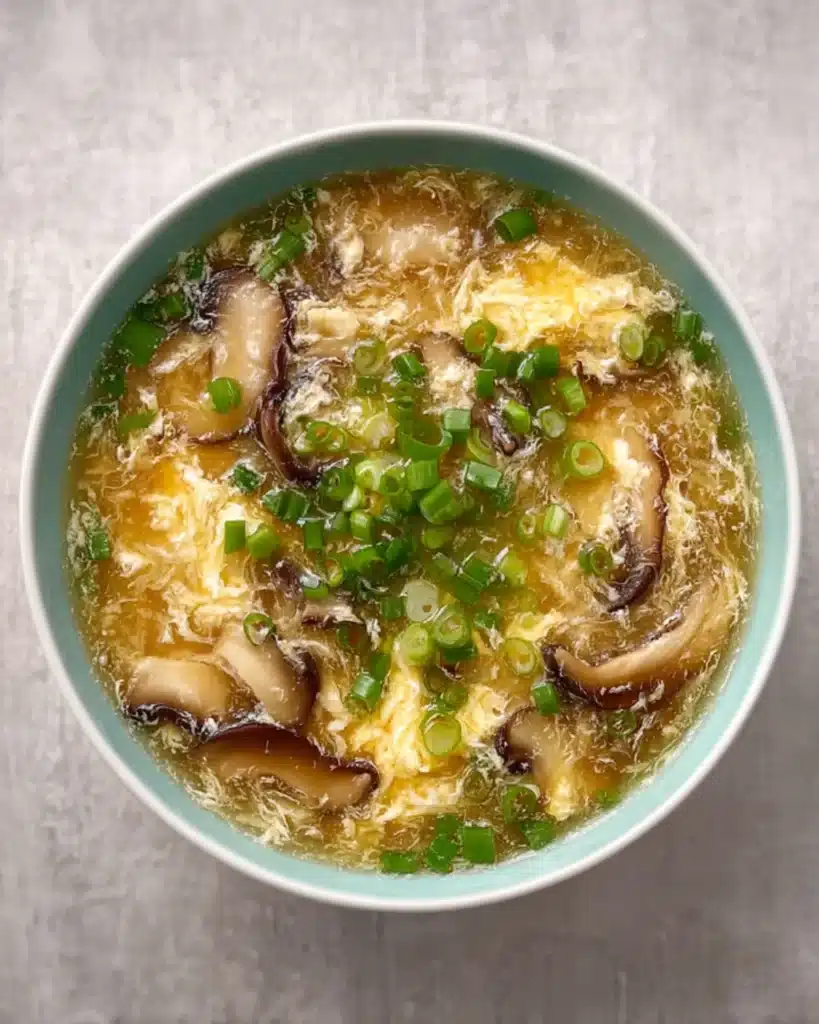 Top view of egg drop soup with shiitake mushrooms and chopped green onions in a ceramic bowl