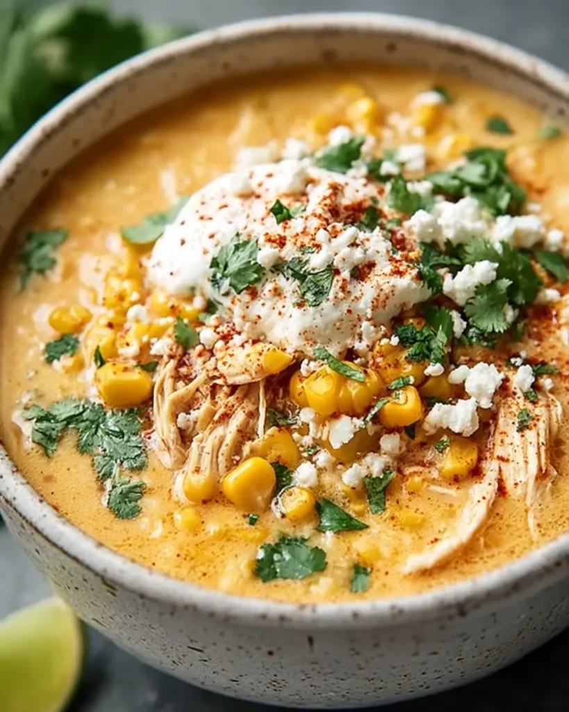 Close-up of creamy Mexican Street Corn Soup with Chicken topped with crema, cheese, and chili powder.