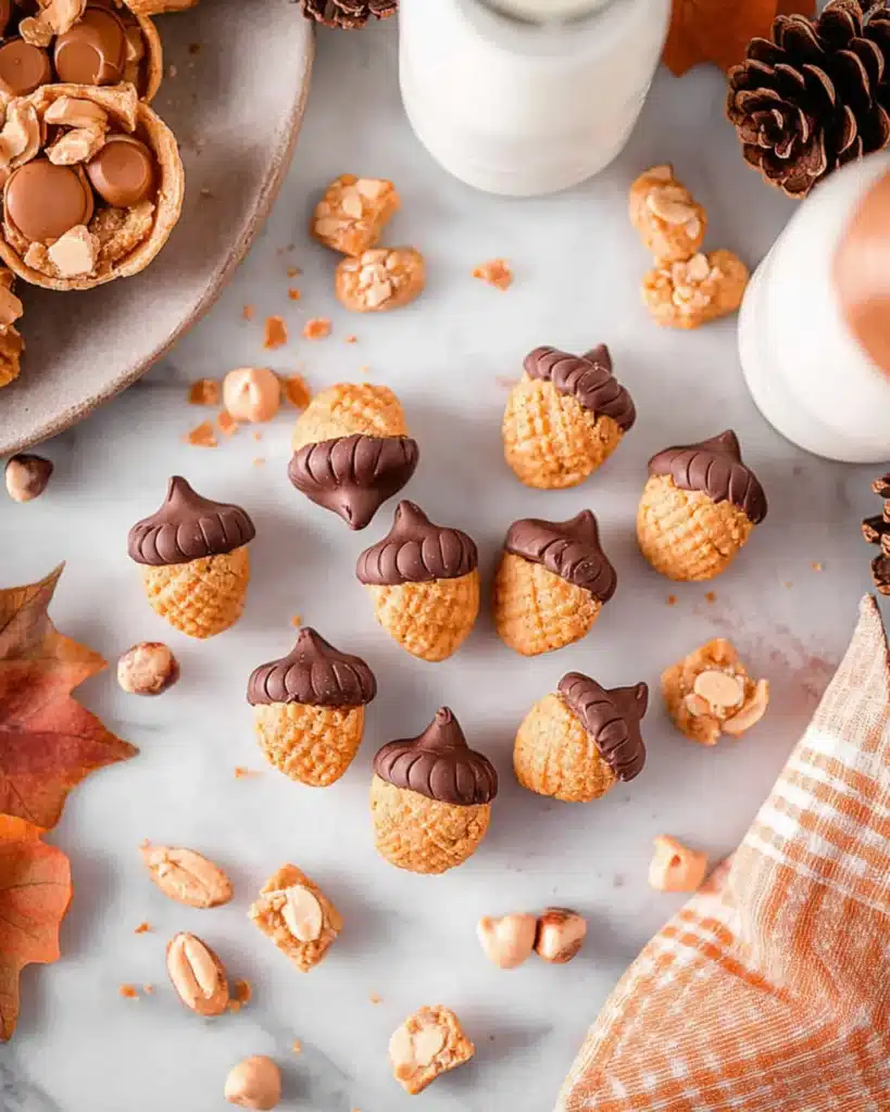 Overhead view of acorn-shaped cookies arranged with milk bottles, peanuts, and autumn decor.