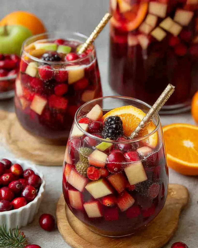 Autumn sangria with apples, cranberries, oranges, and blackberries served in glasses with golden straws