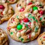 Holiday cookies with red and green M&Ms, white chocolate chips, and pretzels on a baking sheet