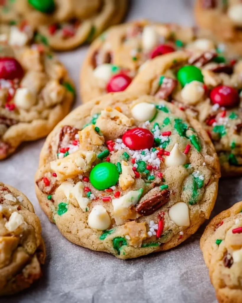 Holiday cookies with red and green M&Ms, white chocolate chips, and pretzels on a baking sheet