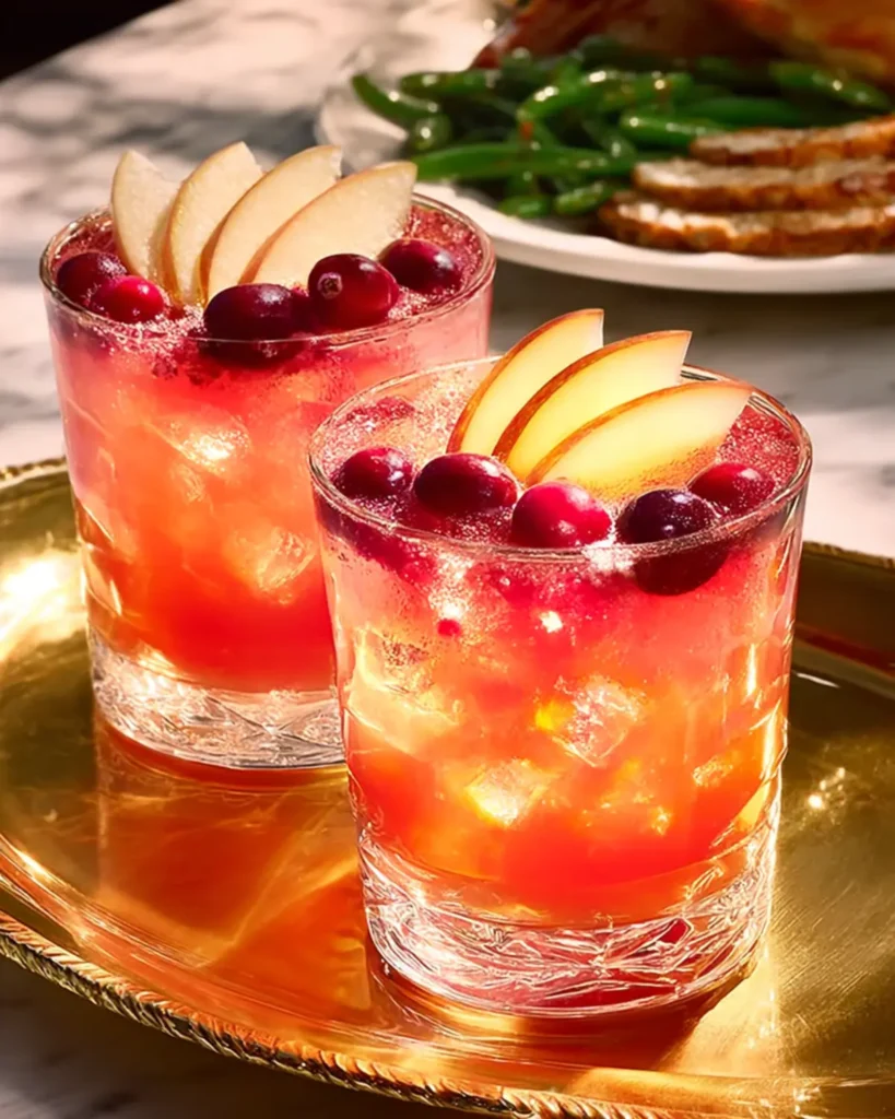 Two Thanksgiving Margaritas on a golden tray with cranberry and apple garnish, perfect for holiday entertaining