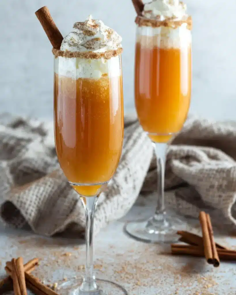 Pumpkin pie mimosas in champagne flutes with whipped cream and cinnamon stick garnish