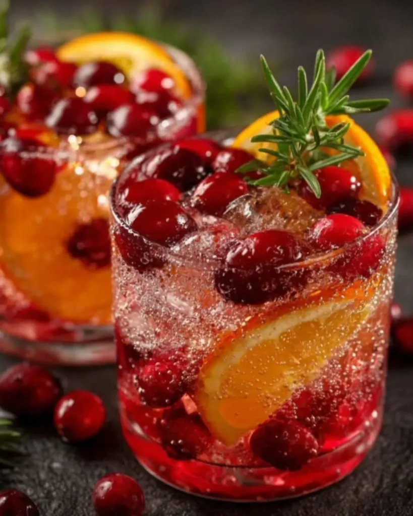 Festive non-alcoholic Thanksgiving drink with cranberries, orange slices, and rosemary in a sparkling glass