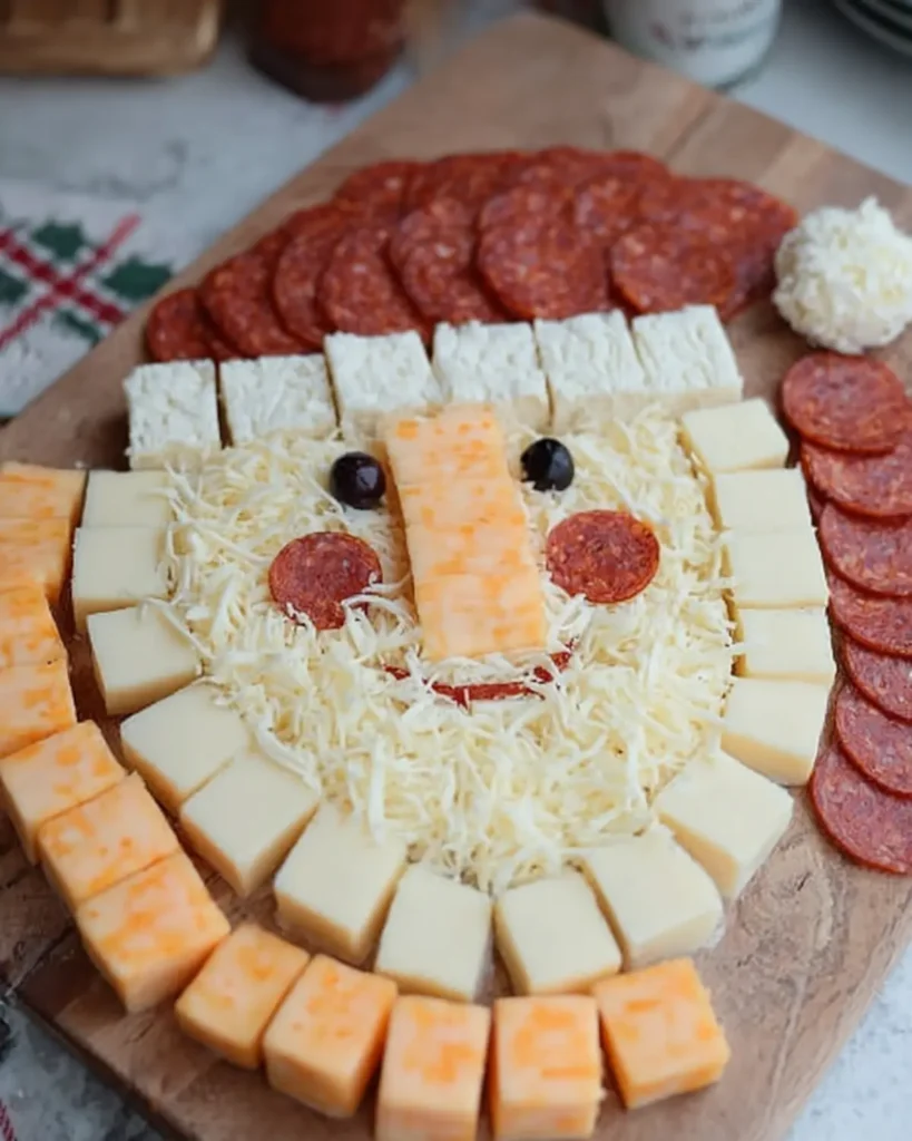 Finished Santa cheese board with pepperoni hat, olive eyes, and shredded cheese beard on wooden board