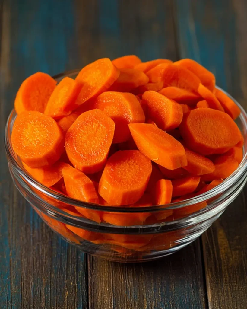 Fresh sliced raw carrots in a glass bowl ready to be cooked for glazed carrot recipe.