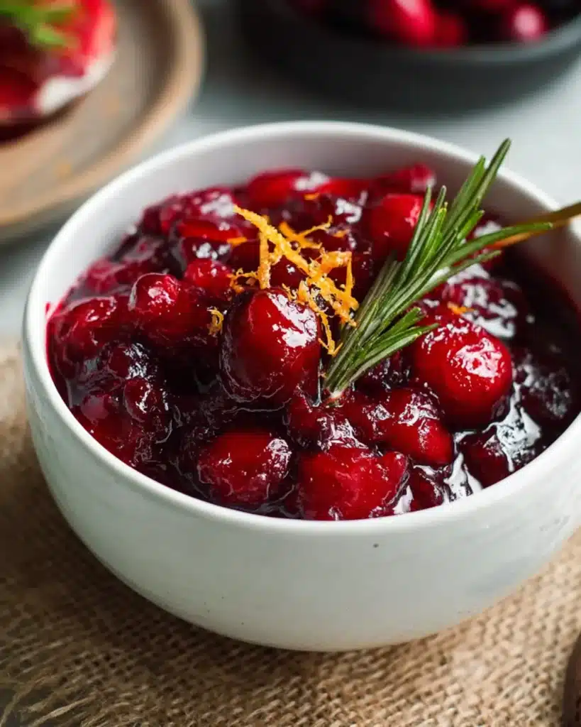 Bowl of cranberry sauce garnished with rosemary and orange zest