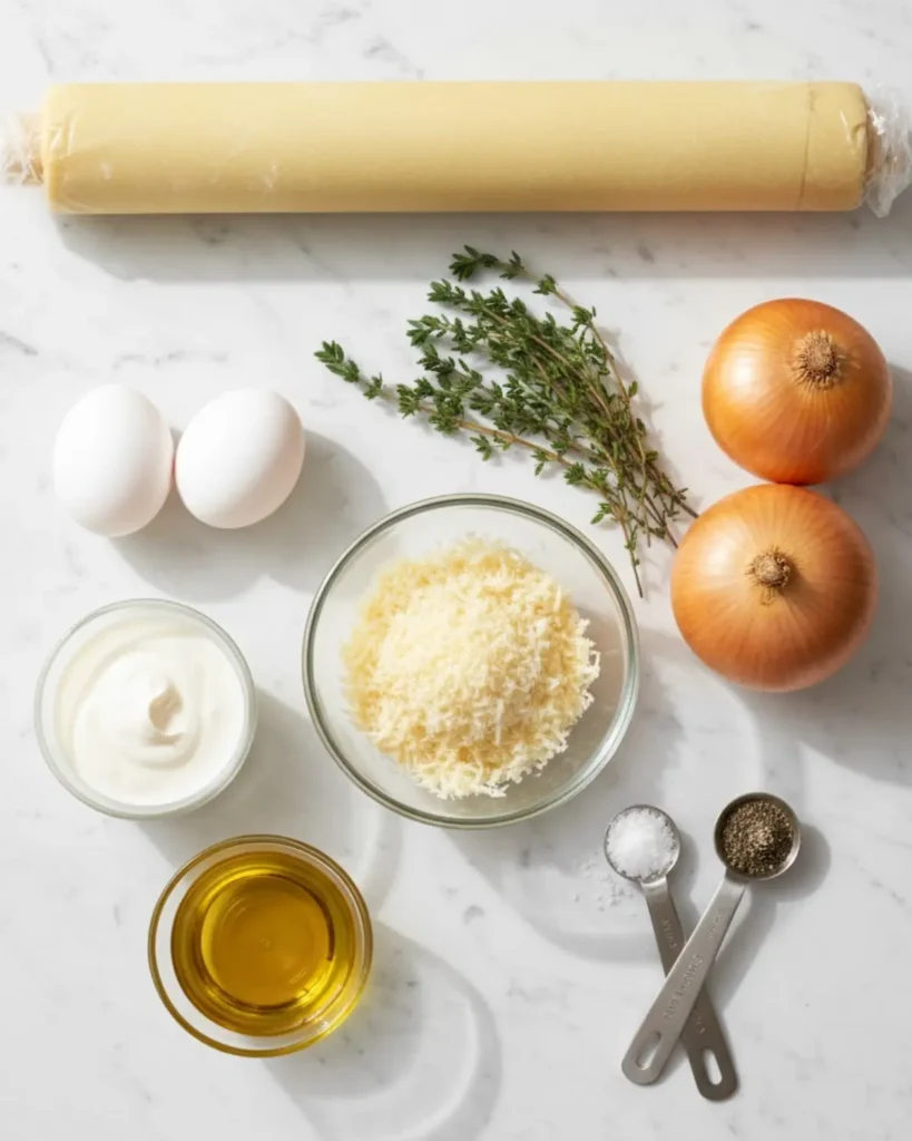 Ingredients for Caramelized Onion Tart including onions, pie crust, cheese, eggs, and thyme on marble surface