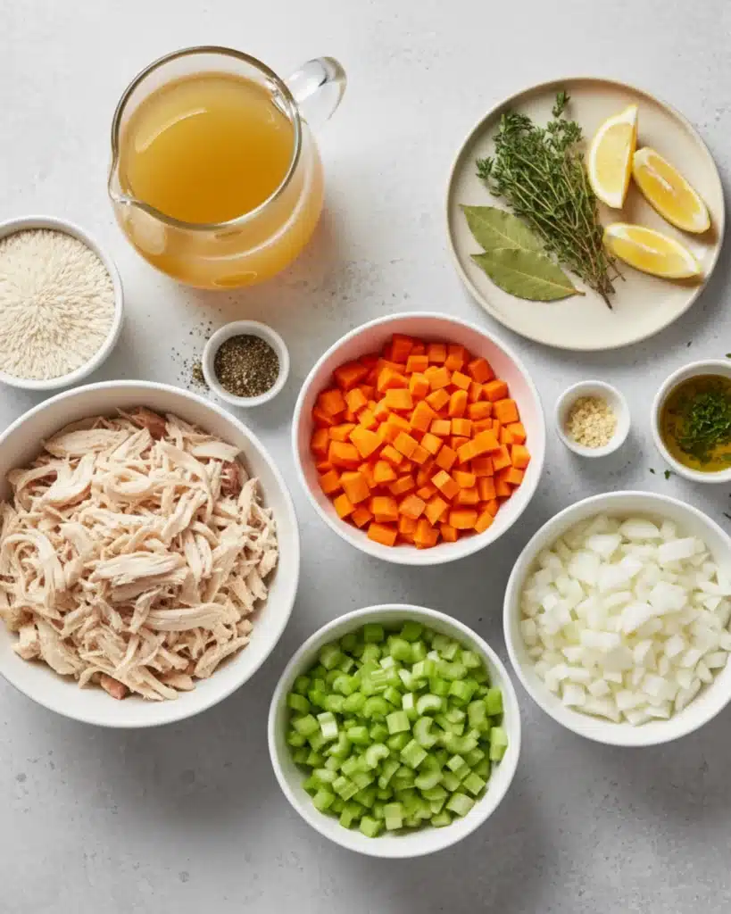 Flat lay of chicken and rice soup ingredients including chicken broth, rice, carrots, celery, and herbs