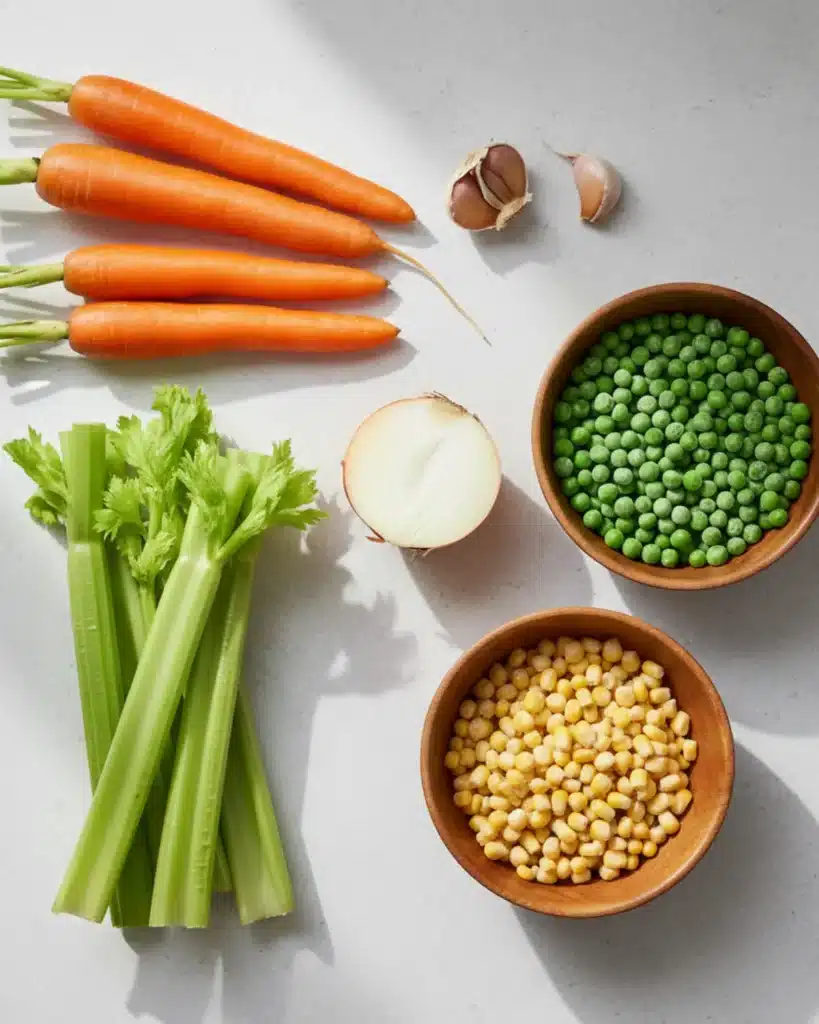 Flat lay of fresh vegetables including carrots, celery, onion, peas, corn, and garlic for one-pot creamy vegetable soup.