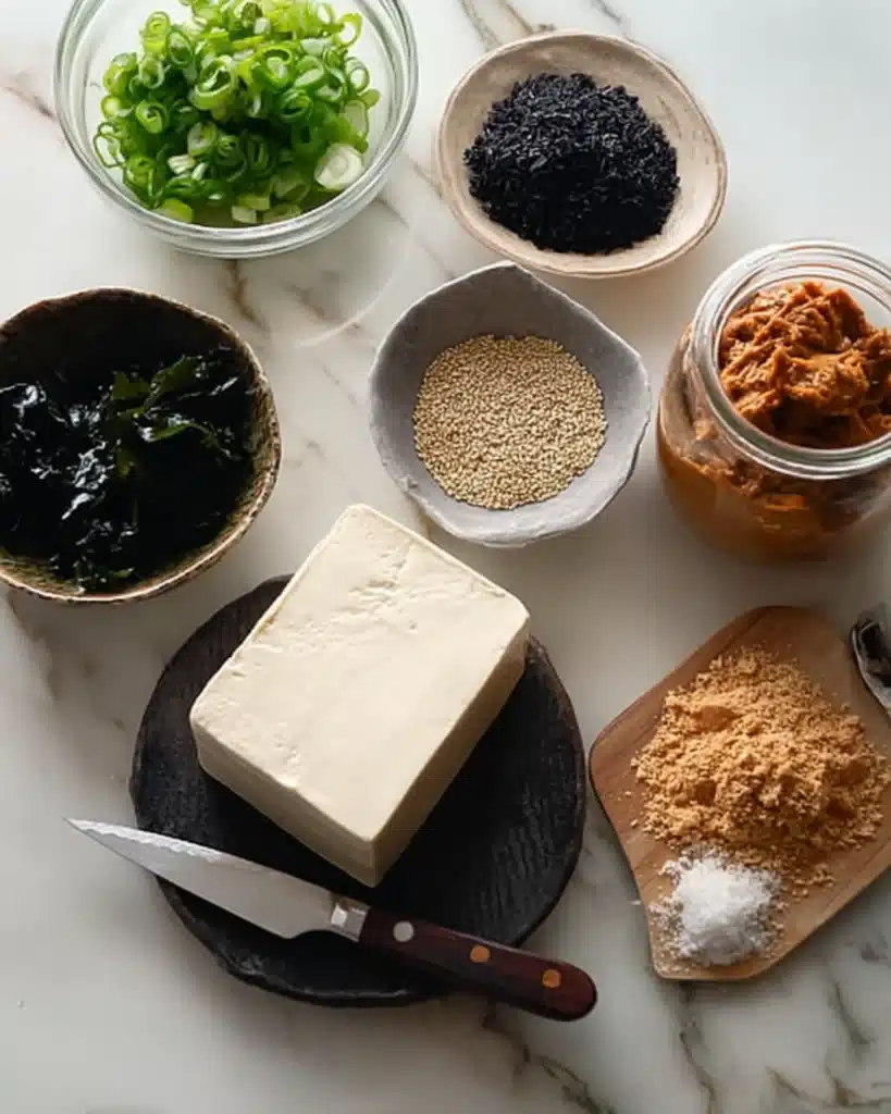 Top view of miso soup ingredients including tofu, green onions, dried seaweed, miso paste, and dashi granules on a marble surface