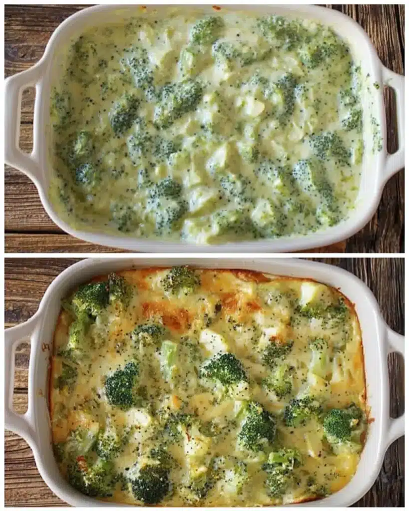 Broccoli cheese casserole before and after baking in white ceramic dish