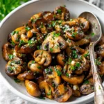 Bowl of sautéed garlic butter mushrooms garnished with fresh parsley