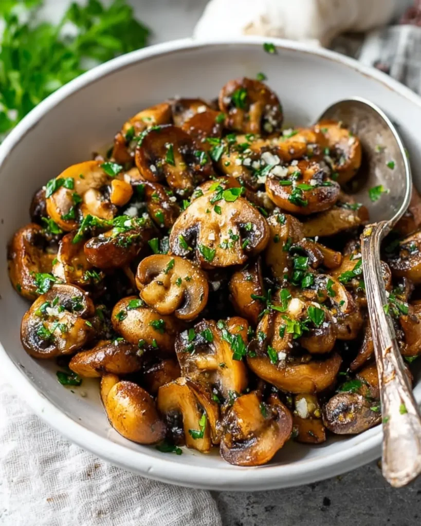 Bowl of sautéed garlic butter mushrooms garnished with fresh parsley