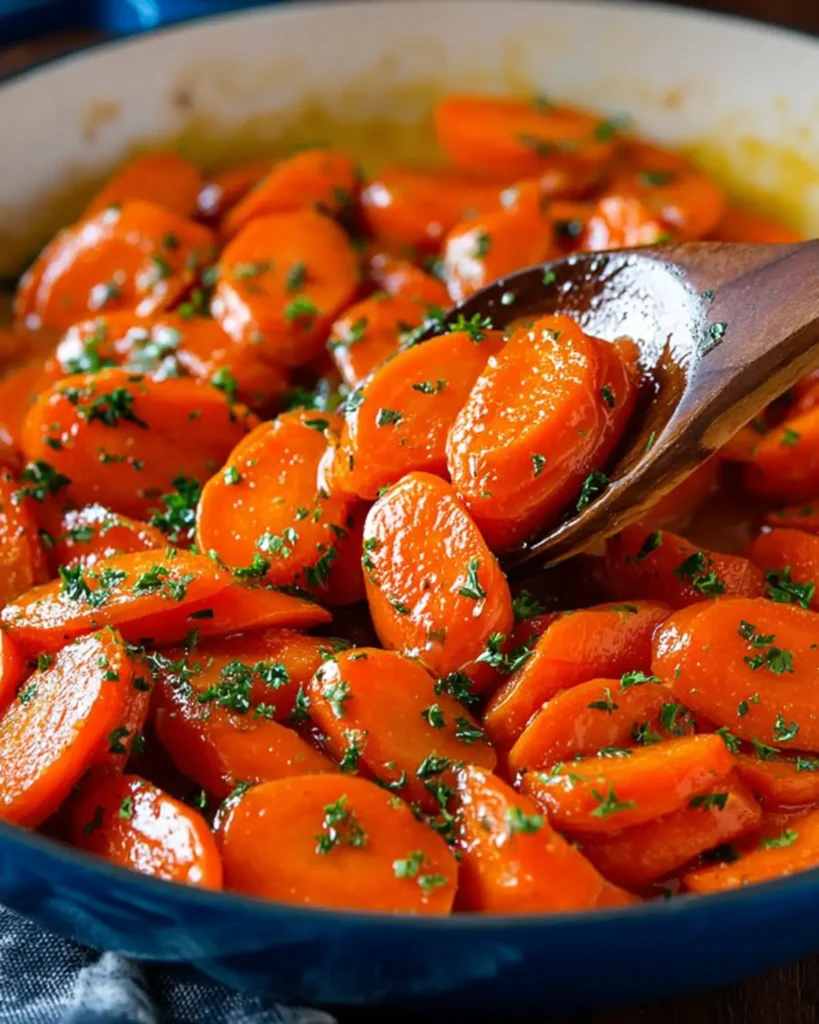 Glazed carrots with parsley in a skillet stirred with a wooden spoon.