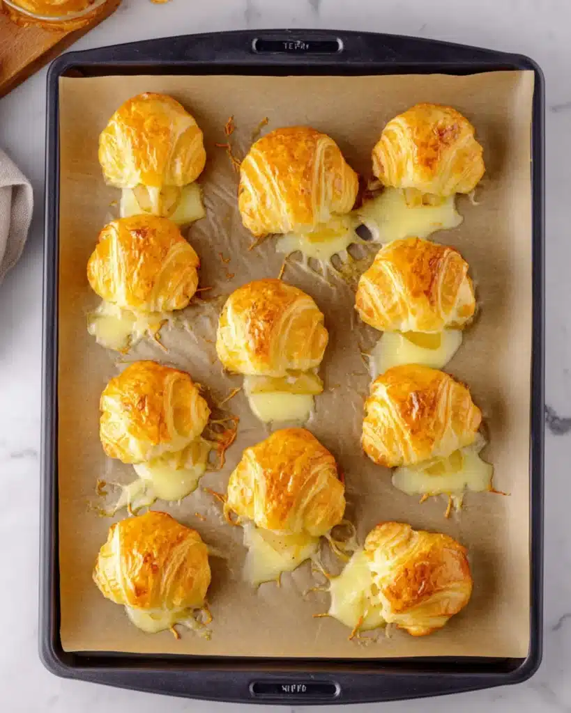 Freshly baked golden Brie Pear Crescent Bites on parchment paper, with melted cheese oozing out slightly.