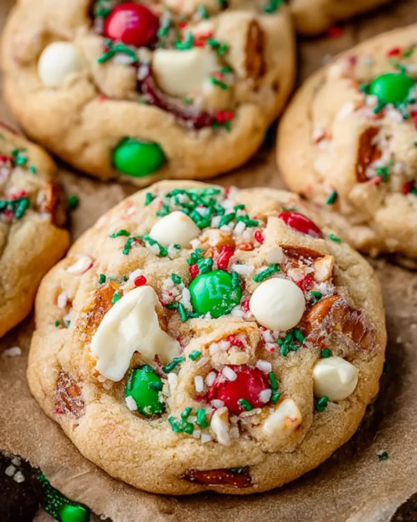 Golden brown Christmas Kitchen Sink Cookies with M&Ms, pretzels, and colorful sprinkles on parchment paper