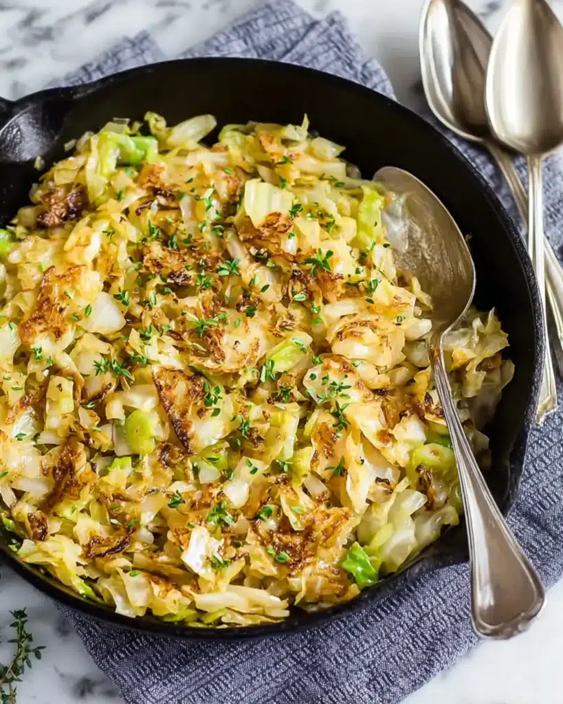 Golden sauteed cabbage in a cast iron skillet topped with herbs and served with silver spoons