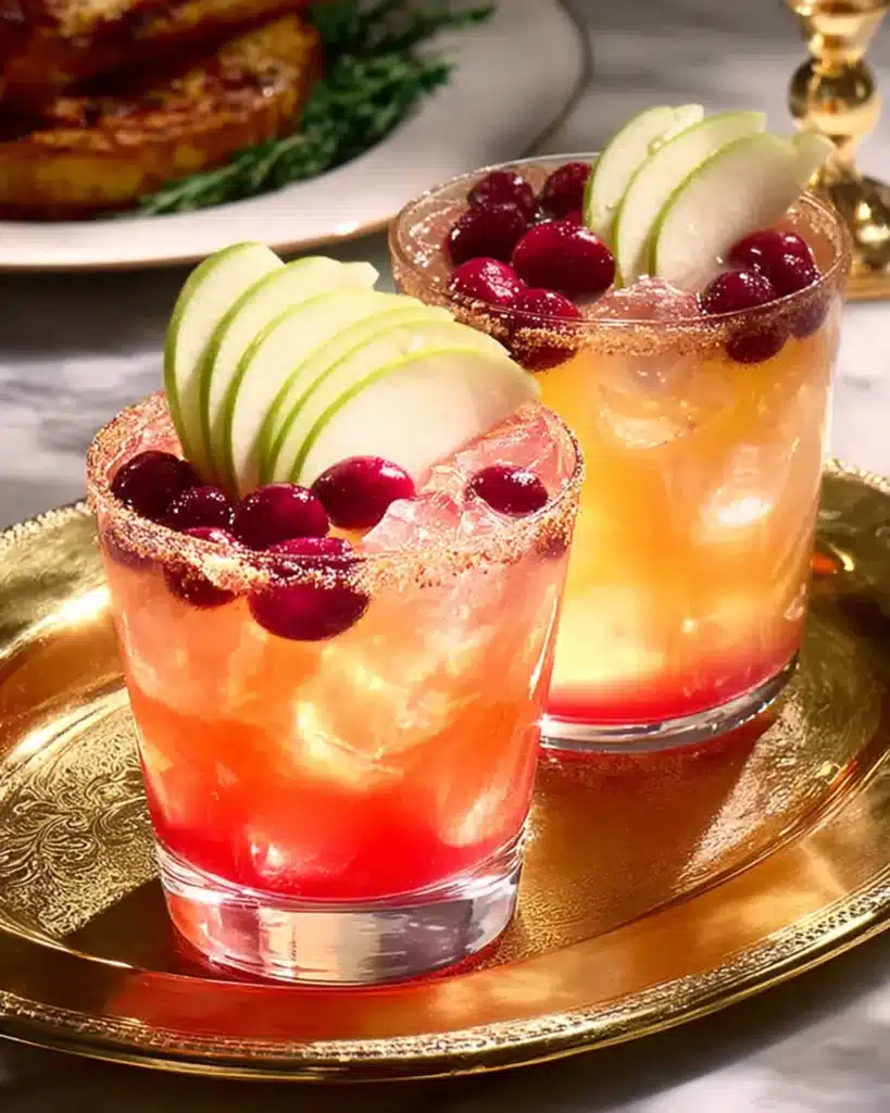 Thanksgiving Margaritas with green apple slices and cranberries, served on a golden tray with holiday dishes in the background