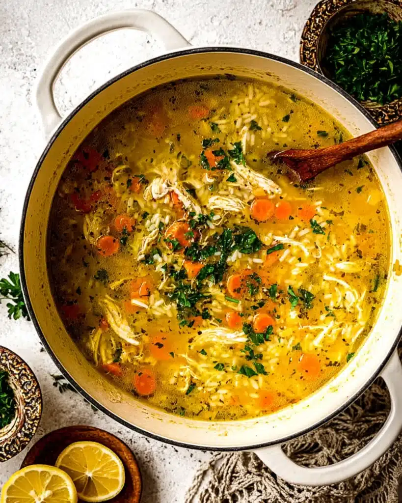 Top-down view of a white pot filled with chicken and rice soup with wooden spoon and herbs